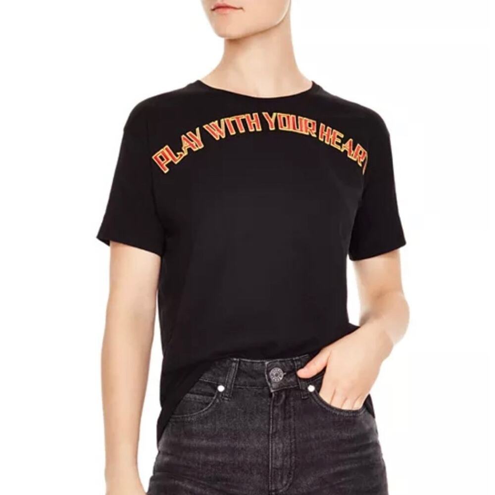 Sandro Milagros Embroidered Play With Your Heart Short Sleeve Black Graphic Tee